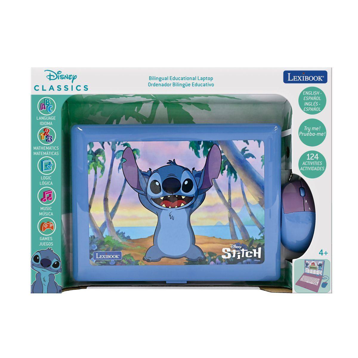 Disney CLASSICS  
Bilingual Educational Laptop  
Ordenador Bilingüe Educativo  

LEXIBOOK  
ENGLISH - ESPAÑOL  
INGLÉS - ESPAÑOL  

Try me!  
Prueba-me!  

124 ACTIVITIES  
ACTIVIDADES  

LOGIC  
LÓGICA  

MUSIC  
MÚSICA  

GAMES  
JUEGOS  

Disney STITCH  
4+