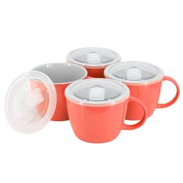 Gibson - Home On The Go 4 Piece 25 Ounce Stoneware Soup Cup Set with Lid - Red