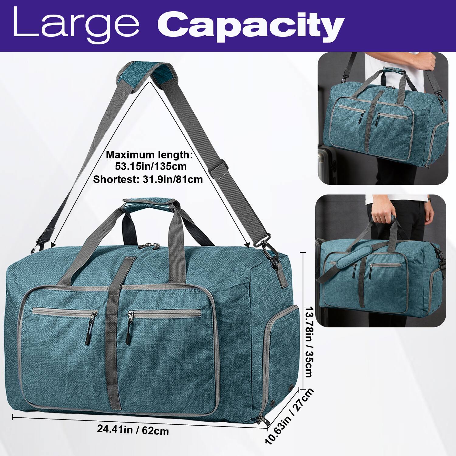 Large Capacity

Maximum length: 53.15in / 135cm  
Shortest: 31.9in / 81cm

24.41in / 62cm  
13.78in / 35cm  
10.63in / 27cm
