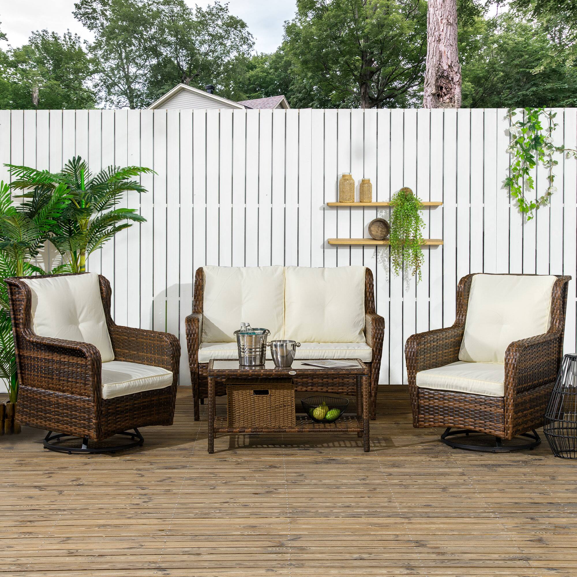 Alt View 1. Outsunny - 4 Piece PE Rattan Outdoor Patio Furniture Set, Wicker Conversation Set with 2 Swivel Rocking Chairs - Cream White.