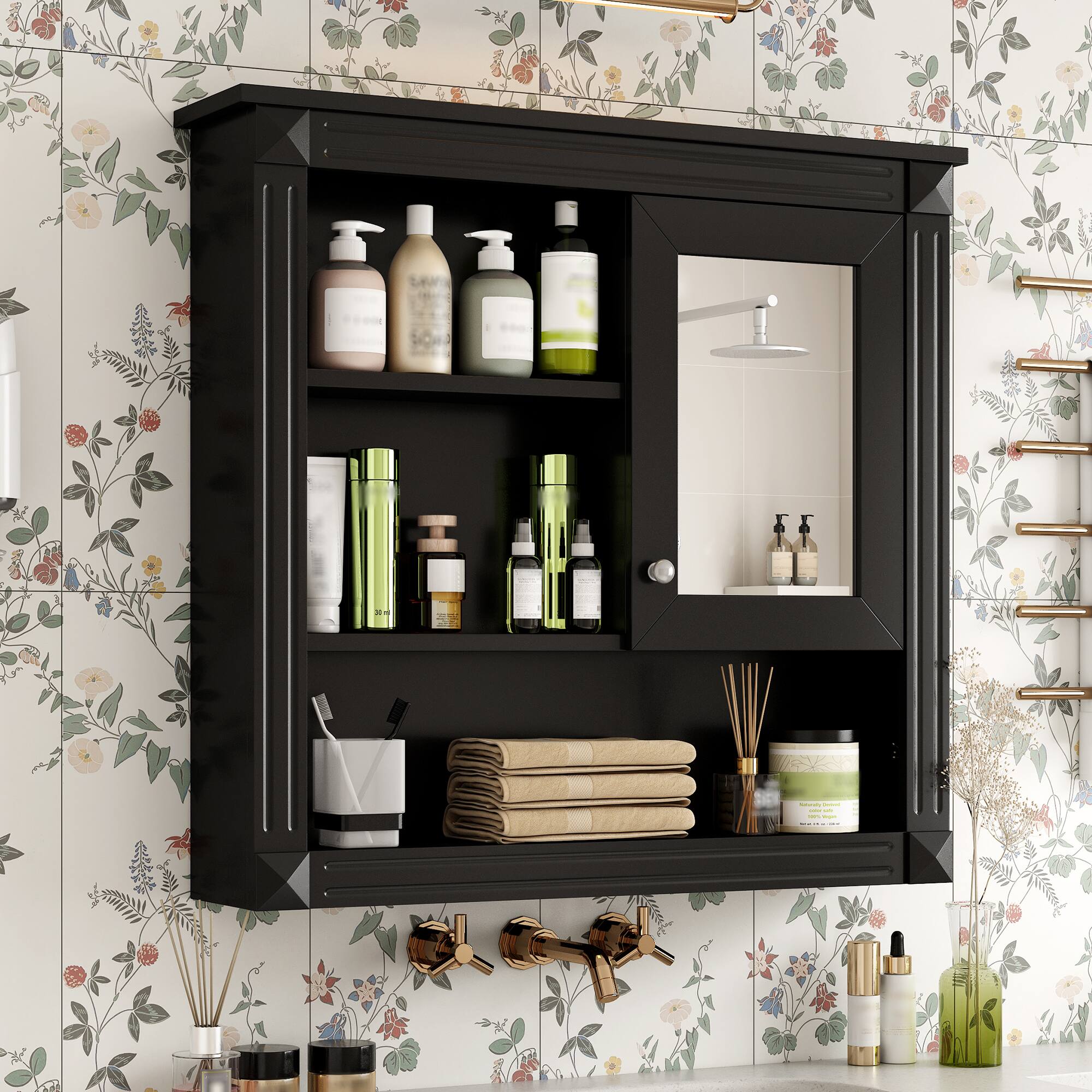 Alt View 1. APRILSOUL - 32 inch Bathroom Wall Cabinet with Mirror Wall Mounted Medicine Cabinet with 4 Shelves - Black.