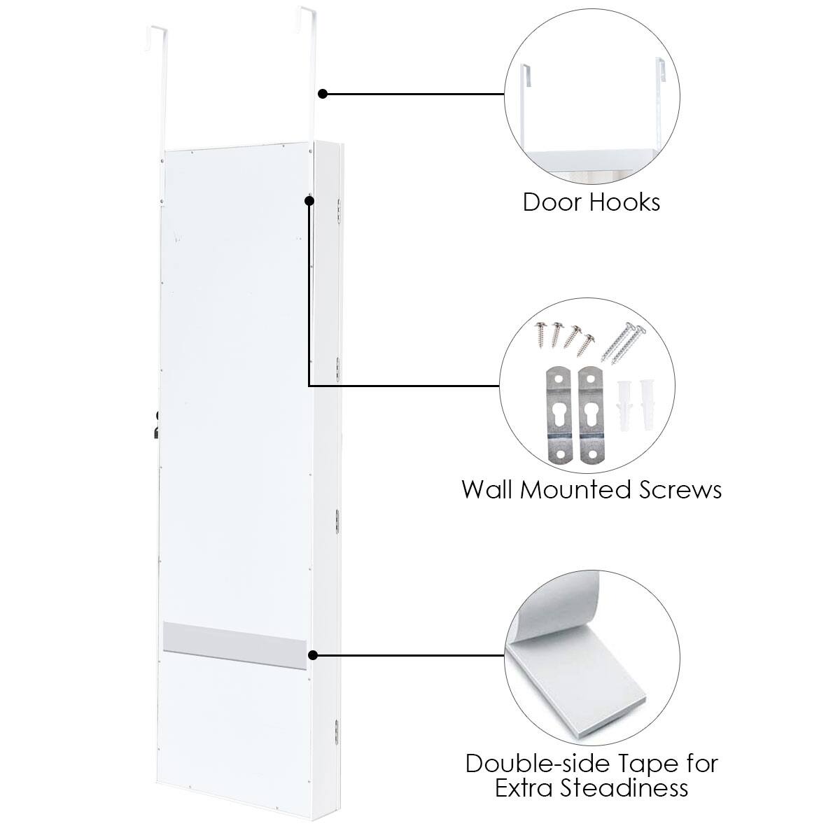 The text on the image is grouped as follows:

1. Door Hooks: Wall Mounted Screws
2. Double-side Tape for Extra Steadiness