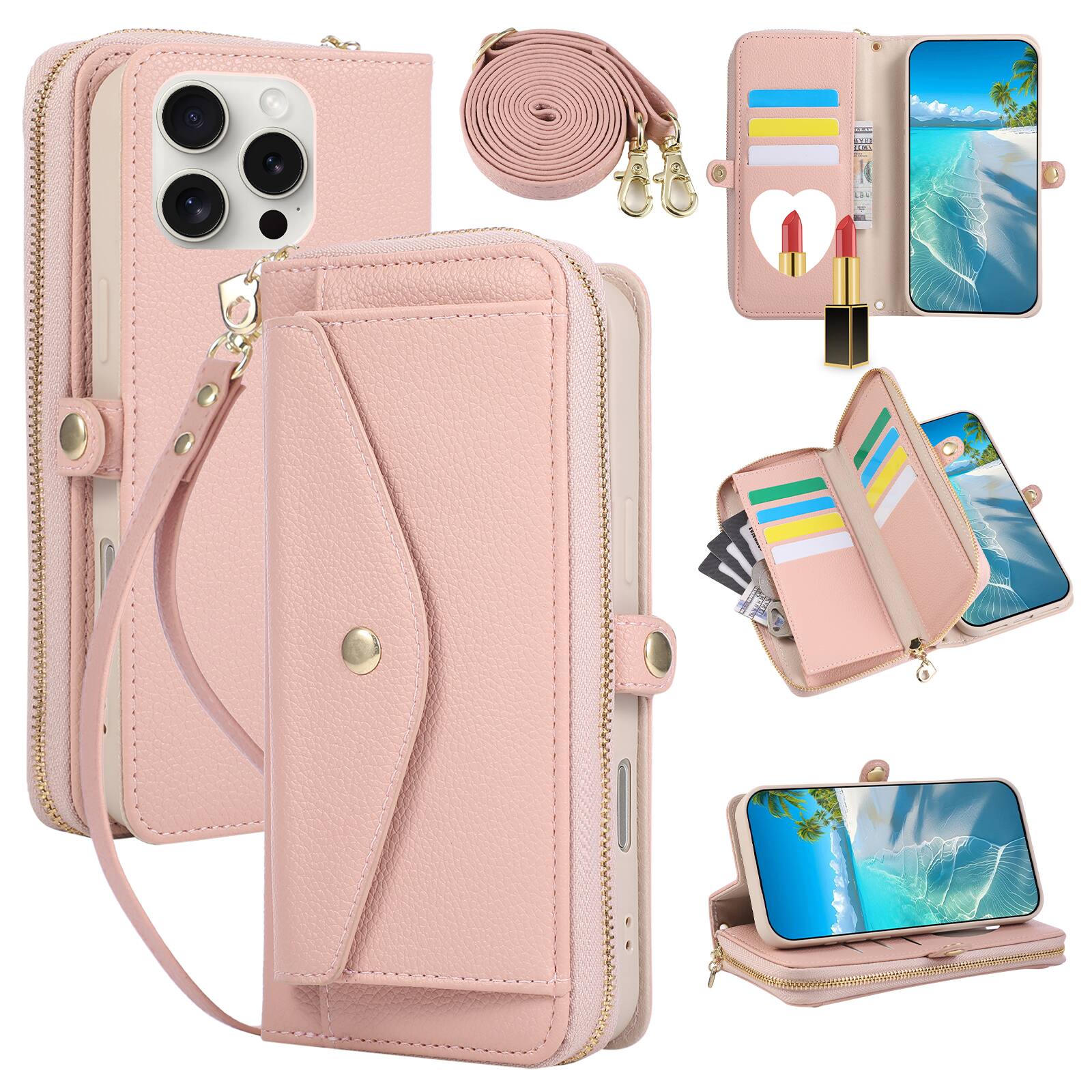 Front. Dteck - Leather Wallet Phone Case for Apple iPhone 16 Pro Max with Crossbody Strap, Shockproof Zipper Pocket Mirror Stand Cover - Pink.