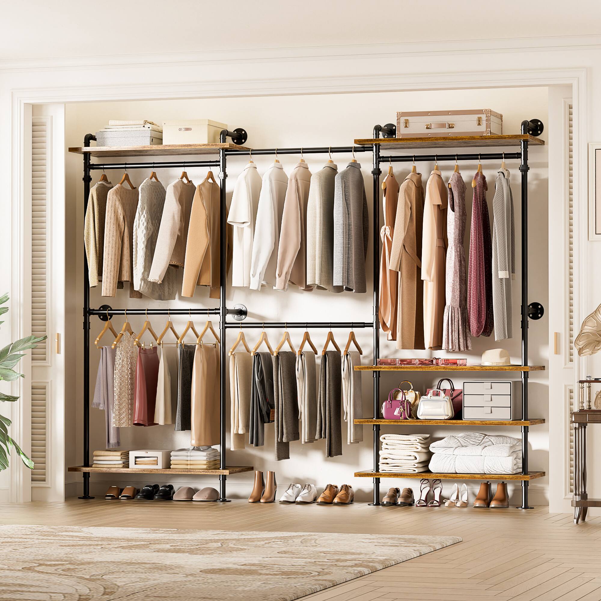 Alt View 2. Aheaplus - Wall-Mounted Pipe Clothing Rack with Shelves, Width Adjustable Garment Rack, L-Shaped/Straight Reversible - Brown.