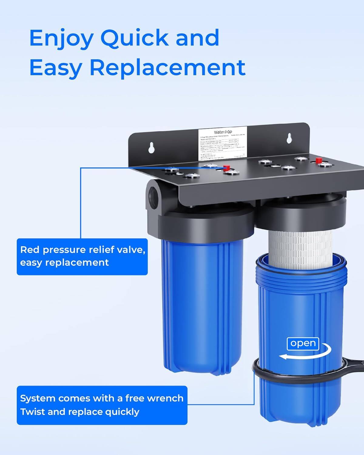 Enjoy Quick and Easy Replacement

- Red pressure relief valve, easy replacement
- System comes with a free wrench, Twist and replace quickly
