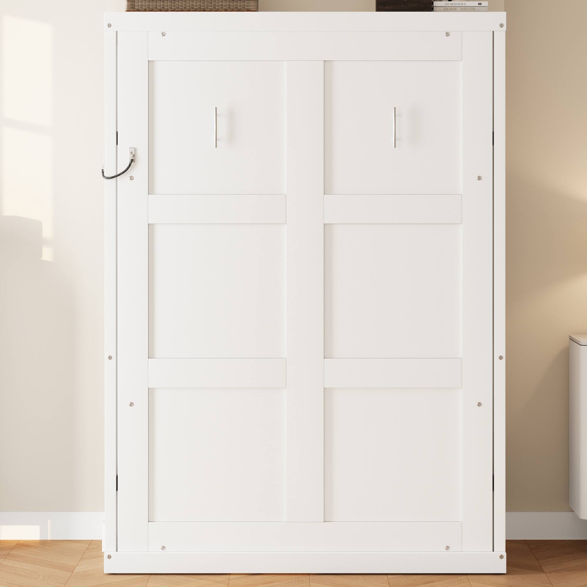 Angle. Whisen - Twin Size Murphy Bed with Cabinet, Wood & MDF Foldable Guest Bed, Space-Saving Furniture - White.