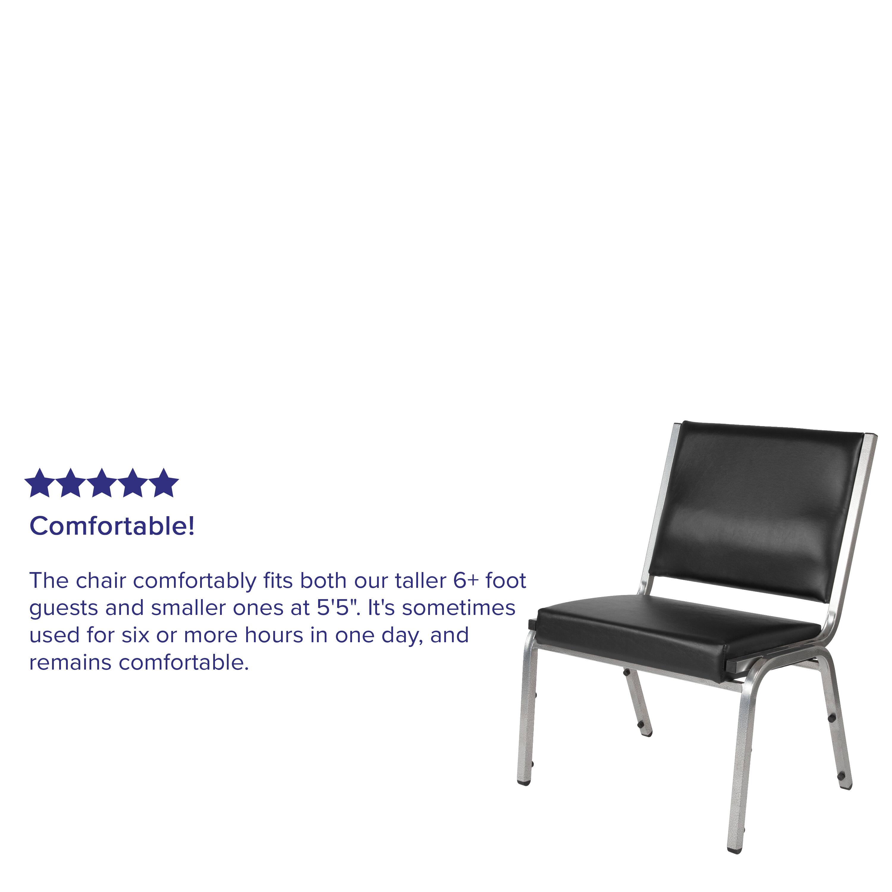 Comfortable!  
The chair comfortably fits both our taller 6+ foot guests and smaller ones at 5'5". It's sometimes used for six or more hours in one day, and remains comfortable.