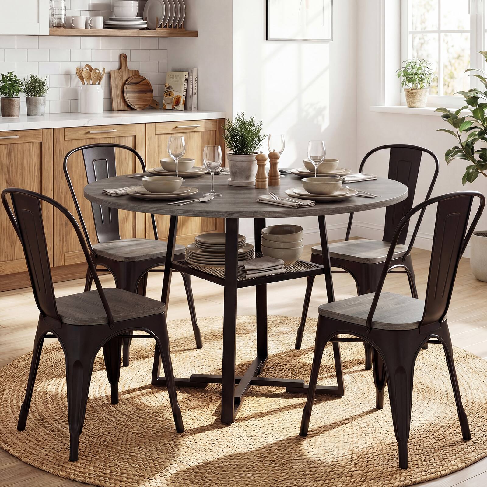 Alt View 3. Gymax - Gymax Round Dining Table for 4-6 47.5'' Dining Room Table w/Storage Shelf & Metal Legs Grey & Black - Grey.