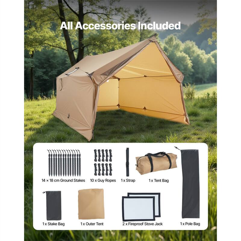 All Accessories Included

14 x 18 cm Ground Stakes  
10 x Guy Ropes  
1 x Strap  
1 x Tent Bag  
1 x Stake Bag  
1 x Outer Tent  
2 x Fireproof Stove Jack  
1 x Pole Bag