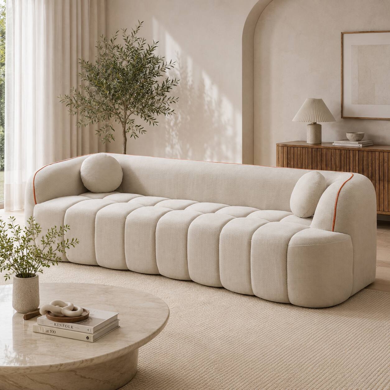 Angle. Anysun - 98.4" Modern Compressed Sofa – Cloud Couch 3-Seater Corduroy Channel Tufted Couch with 2 Pillows, No Assembly Required - Camel.
