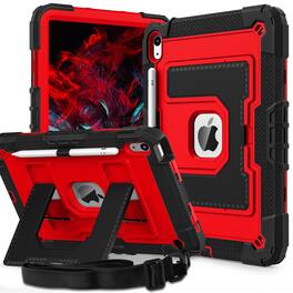 Dteck - Heavy Duty Rugged Case for Apple iPad A16 (11th Generation, 2025) with Multi-Angle Kickstand and Shoulder Strap - Black+Red