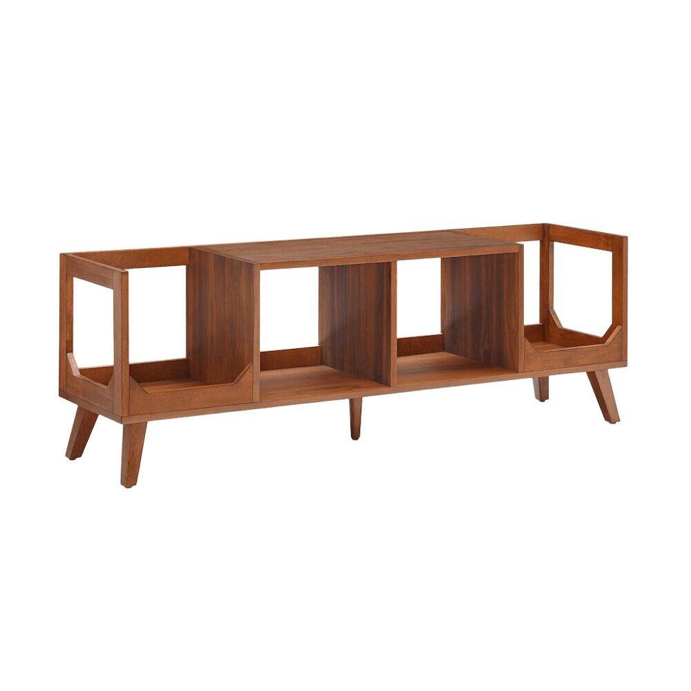 Back. FurniFact - Black wood record player stand with vinyl storage and cable management - Walnut.