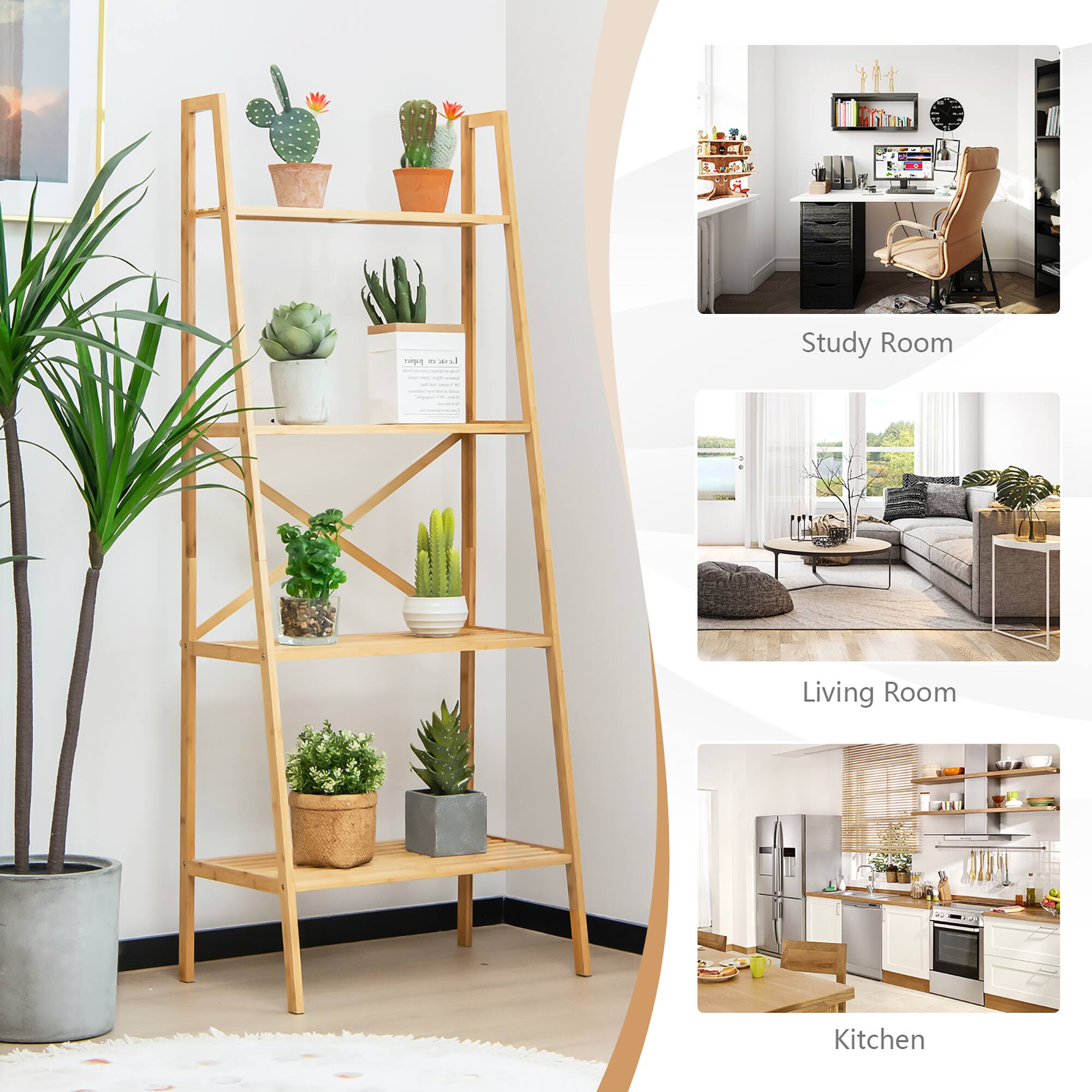 Alt View 4. Gymax - Gymax 2PCS 4-Tier Bamboo Ladder Bookshelf 58'' Display Shelf Storage Rack Plant Stand - Natural.