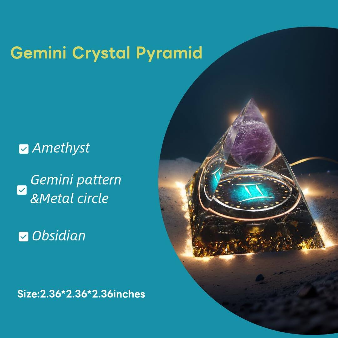 Gemini Crystal Pyramid

- Amethyst
- Gemini pattern & Metal circle
- Obsidian

Size: 2.36*2.36*2.36 inches