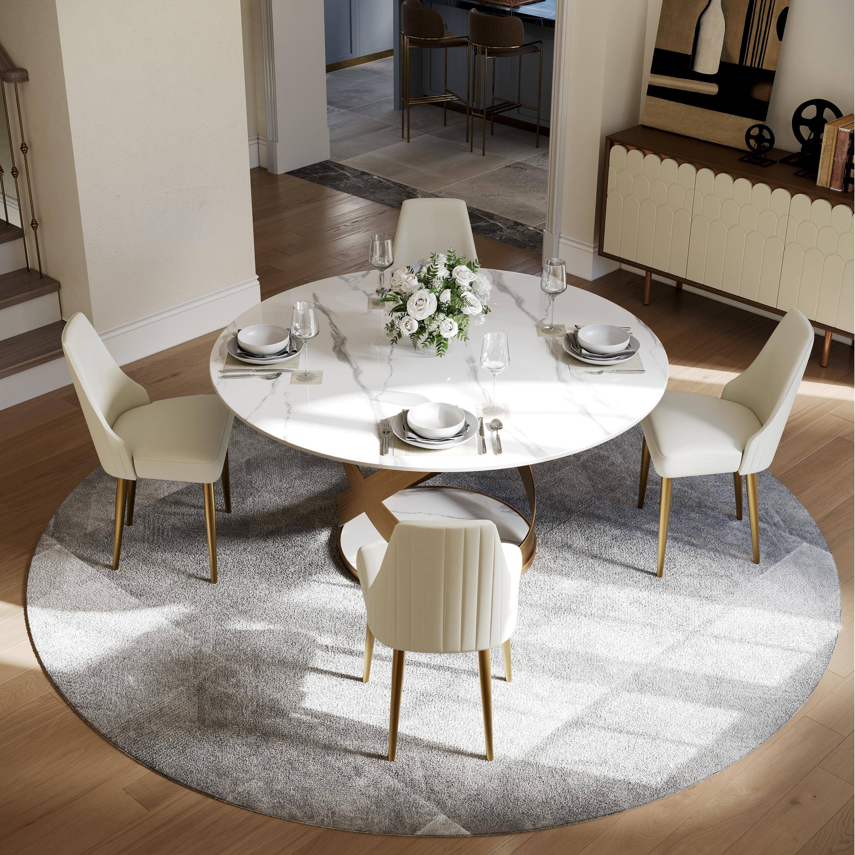 Left. POVISON - Modern Luxury Upholstered Dining Chairs Set of 2, Leather Dinning Chairs, Beige Dining Chairs with Gold Legs - Beige.