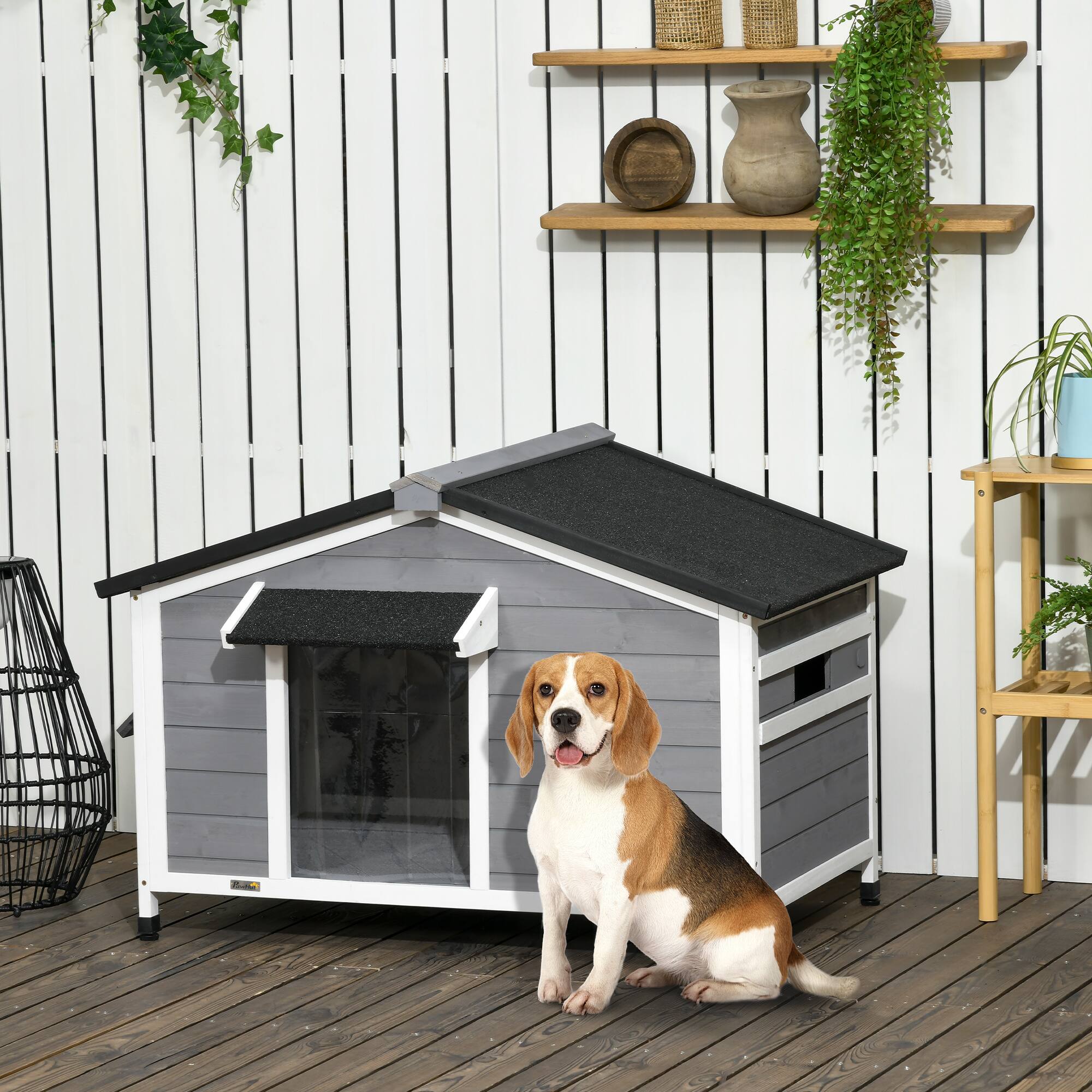 Angle. Pawhut - Dog House Outdoor, Wooden Cabin Style, Raised, Openable Roof, Bottom, Windows, Curtain, Foot Covers.