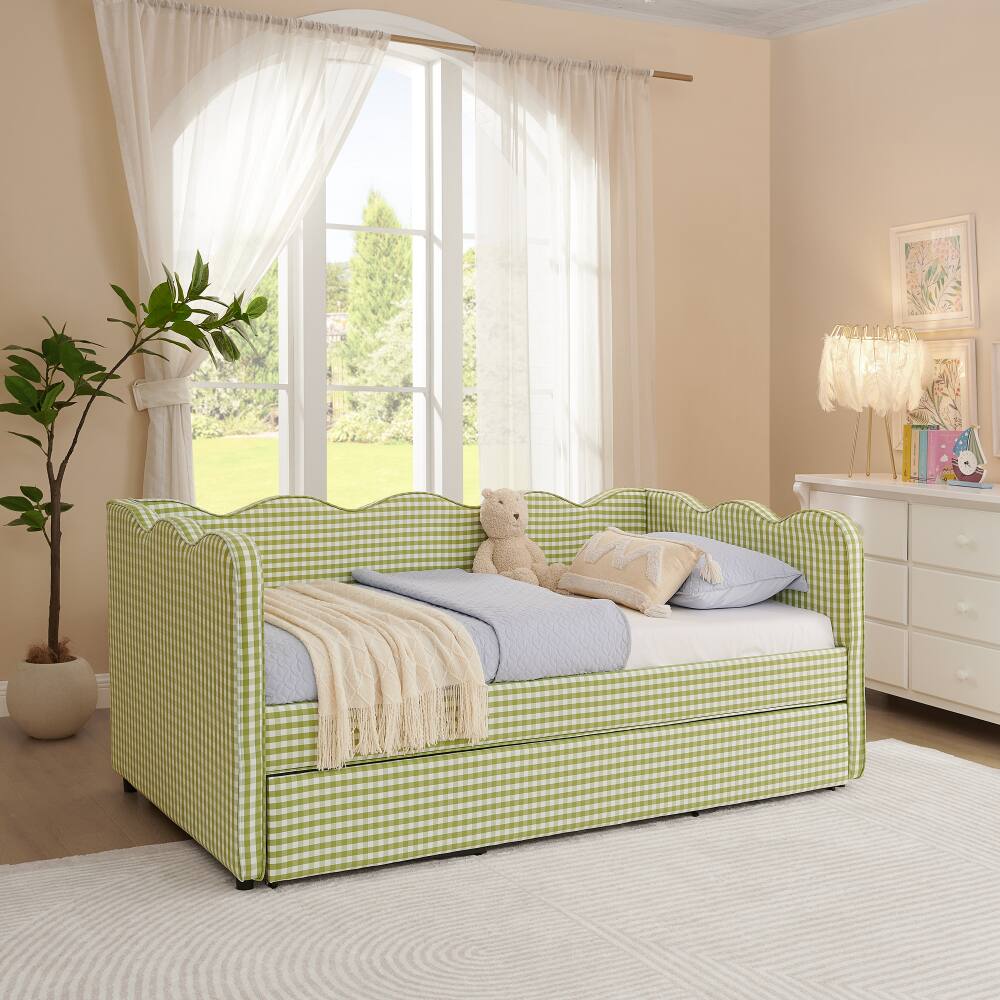 Back. JUJABU - Green Cozy Gingham Daybed with Twin Size Trundle No Box Spring Needed, with USB Port and Adorable Wave Shaped - Green.