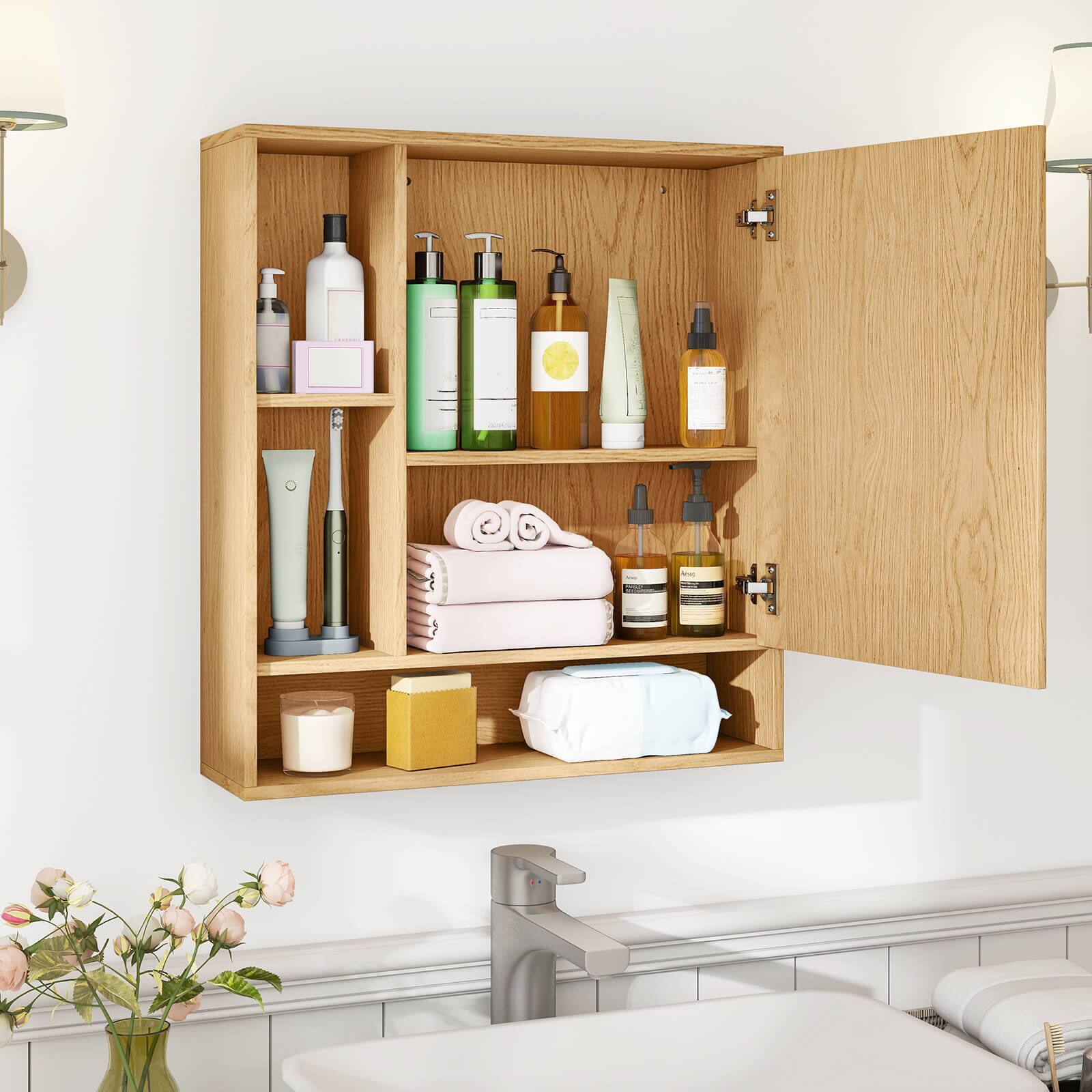 Alt View 3. Costway - Costway Bathroom Wall Cabinet with Mirror, Single Door, 3 Open Shelves & Adjustable Shelf - Natural.