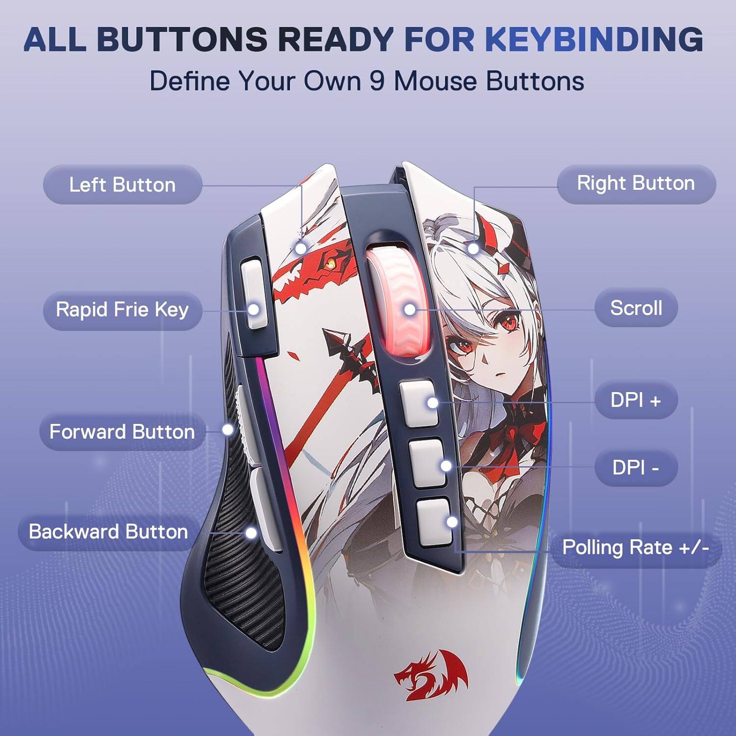 ALL BUTTONS READY FOR KEYBINDING  
Define Your Own 9 Mouse Buttons

- Left Button
- Right Button
- Rapid Fire Key
- Scroll
- DPI +
- Forward Button
- DPI -
- Backward Button
- Polling Rate +/-
