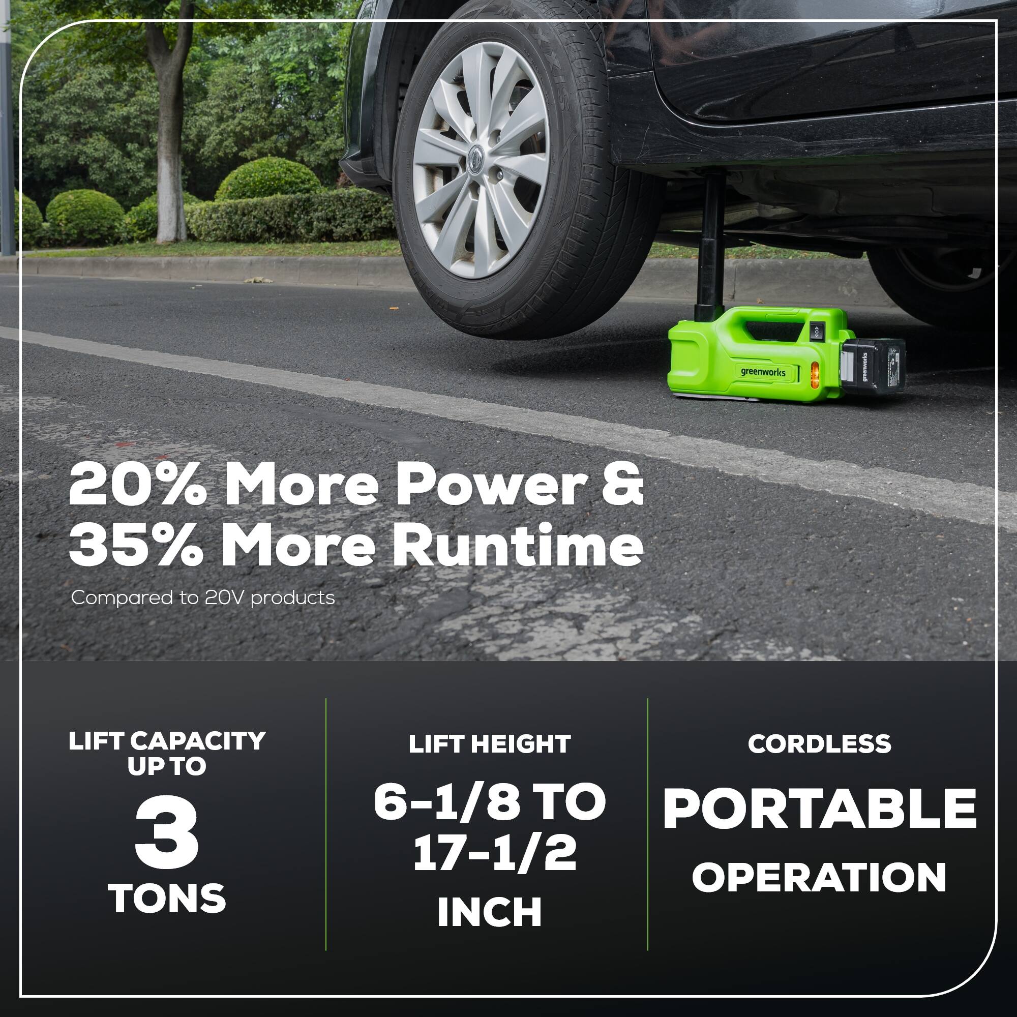 greenworks 20% More Power & 35% More Runtime Compared to 20V products

LIFT CAPACITY UP TO 3 TONS

LIFT HEIGHT 6-1/8 TO 17-1/2 INCH

CORDLESS

PORTABLE OPERATION