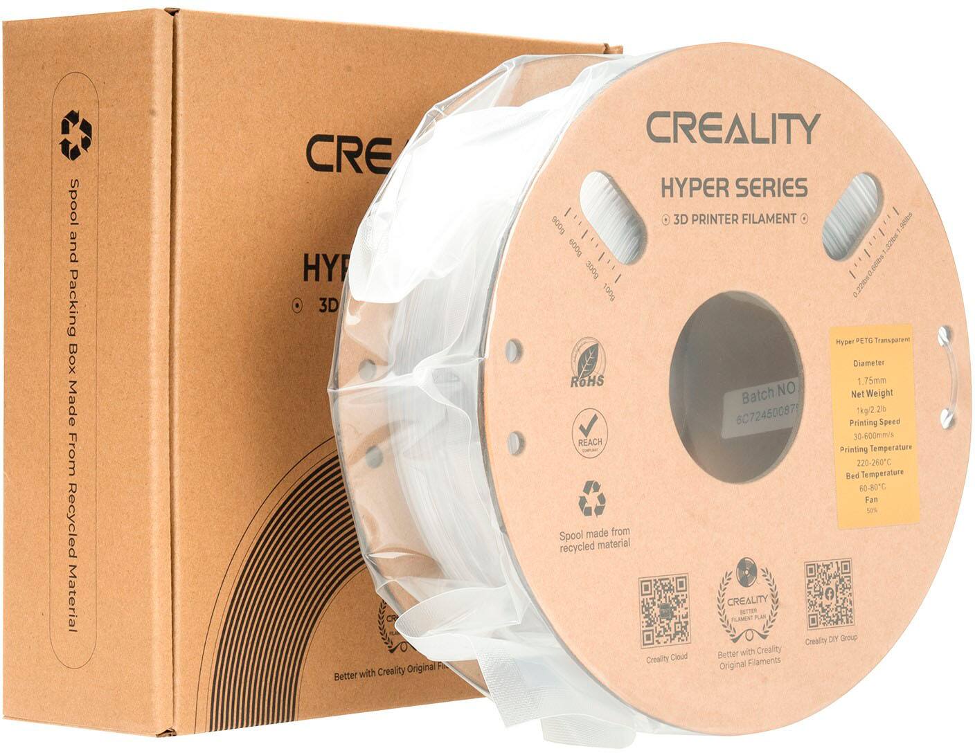 Creality Hyper Series 3D Printer Filament 9dibs 000g 600g 300g 100g 0.220 Hyper PETO Transparent Diameter RoHS 1.75mm Batch NO Net Weight 1kp22 21 6072450087 Printing Speed 30-600mms REACH Printing Temperature 220-260C Bed Temperature 60-80C Fan 50% Spool made from recycled material CREALITY BETTER FLAMENT PLAN Creality DIY Group Better with Creality Creality Cloud Original Filaments