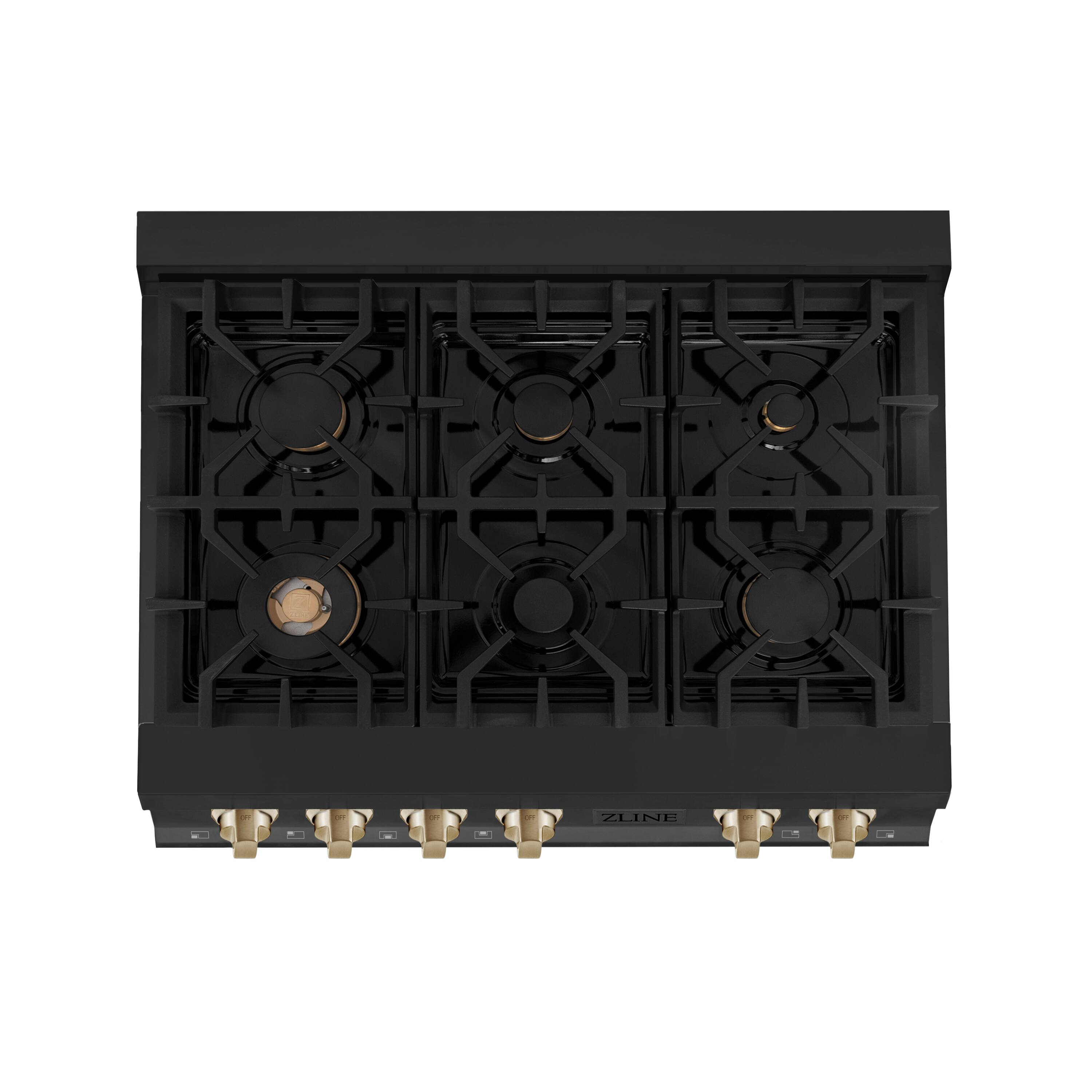 Left. ZLINE - ZLINE Autograph 36 in. Legacy Rangetop in Black Stainless Steel w/ Gold Accents - Black Stainless Steel.
