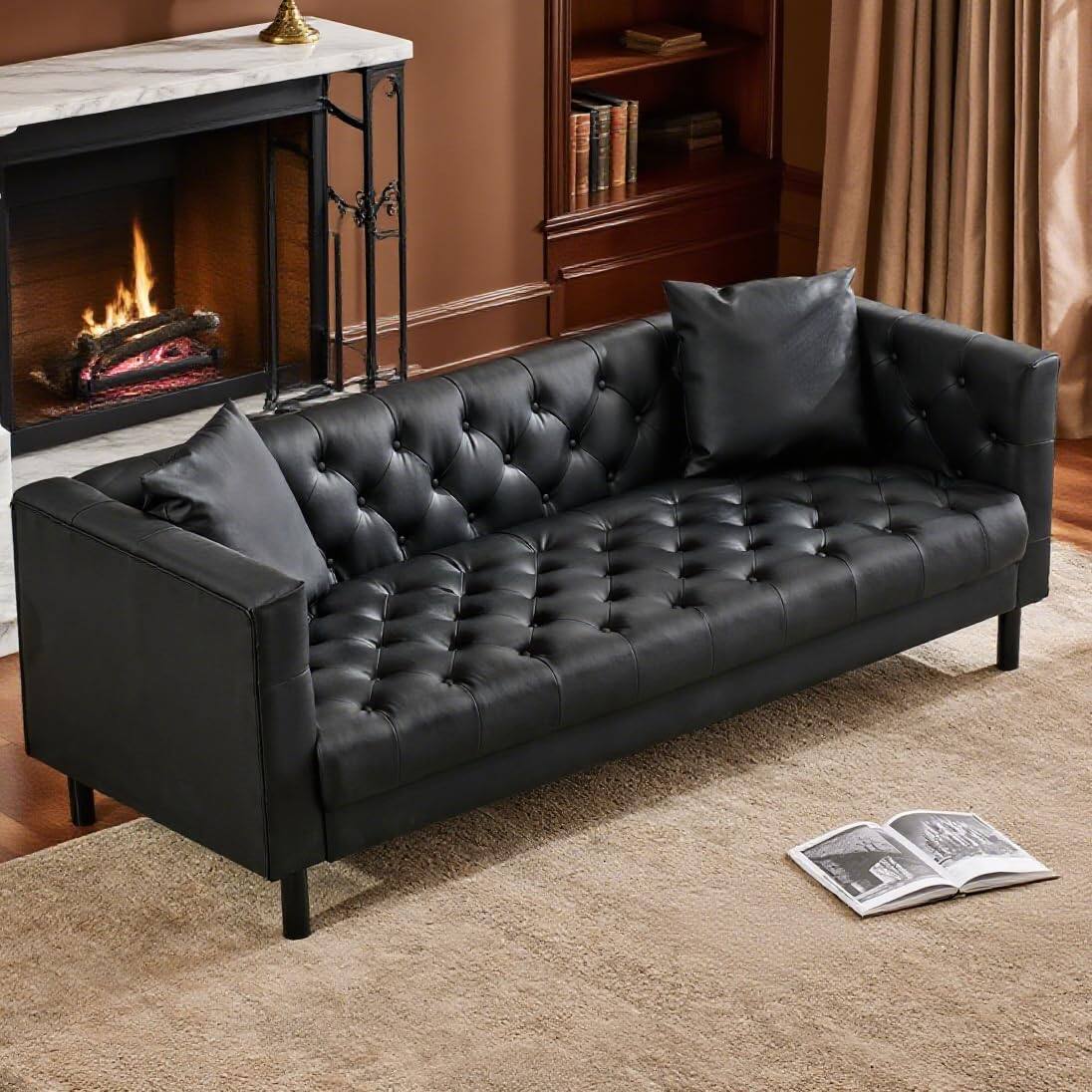 Jojoka - 81" Mid-Century Modern 3-Seater Chesterfield Sofa with Deep Seat & 2 Pillows, Button Tufted Leather - Charcoal Black