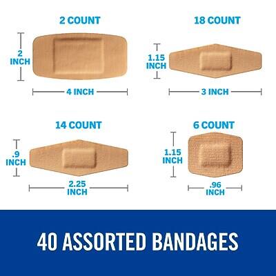 2 INCH x 4 INCH - 2 COUNT  
1.15 INCH x 3 INCH - 18 COUNT  
.9 INCH x 2.25 INCH - 14 COUNT  
1.15 INCH x .96 INCH - 6 COUNT  

40 ASSORTED BANDAGES