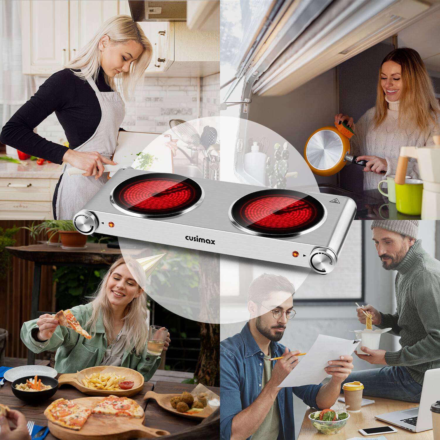 Alt View 3. Cusimax - Portable Two 7.1" Burner 1800W Electric Hot Plate Infrared Glass Temper Control Cooktop For Dorm Office Coffee - Silver.