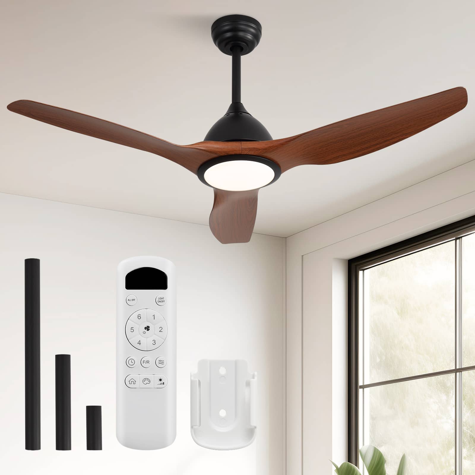 Sofucor - 52 Inch Ceiling Fan Ceiling Fans with Lights & Remote Large Airflow Dimmable LED 3CCT Reversible DC Motor Indoor Outdoor - Black-Brown
