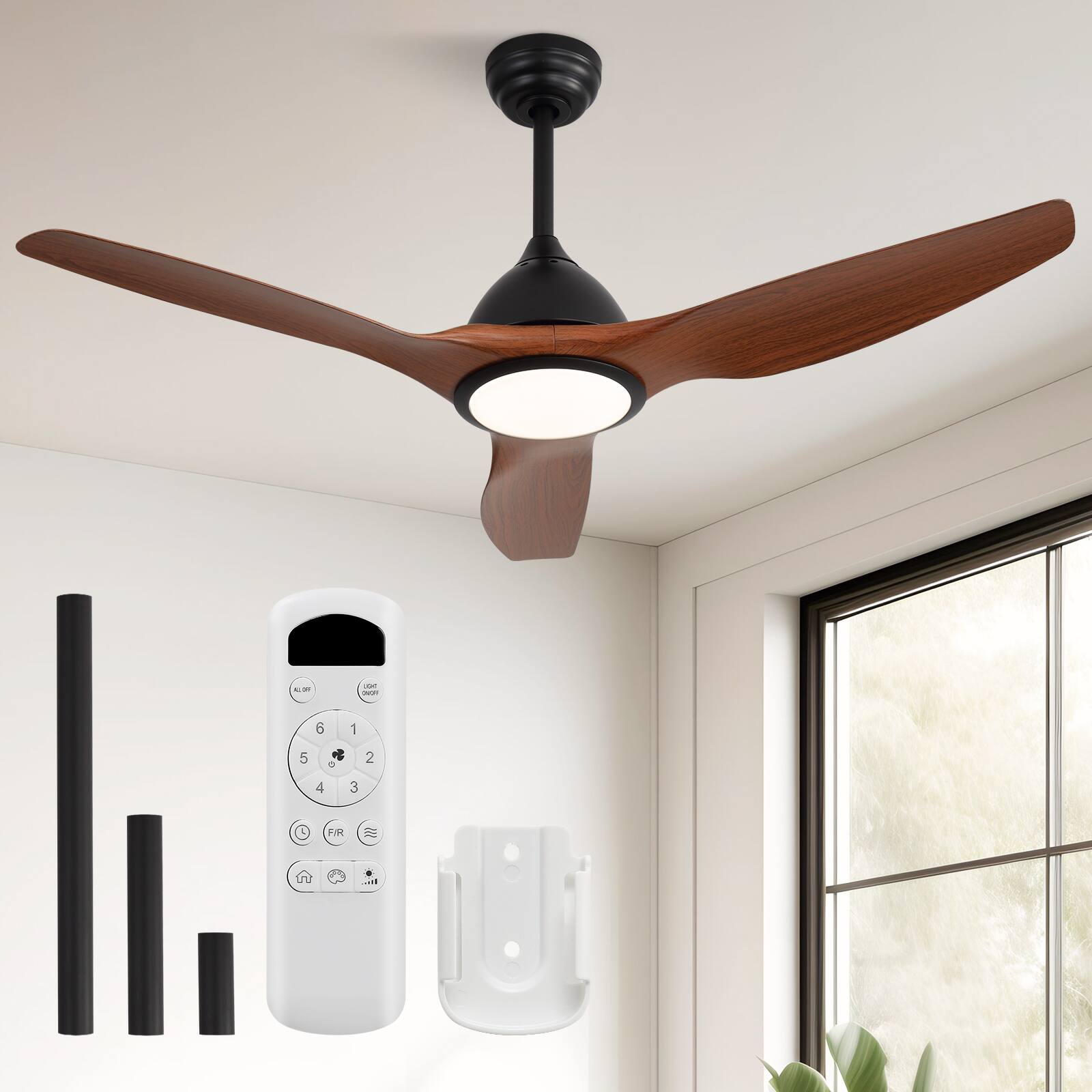 Front. Sofucor - 52 Inch Ceiling Fan Ceiling Fans with Lights & Remote Large Airflow Dimmable LED 3CCT Reversible DC Motor Indoor Outdoor - Black-Brown.