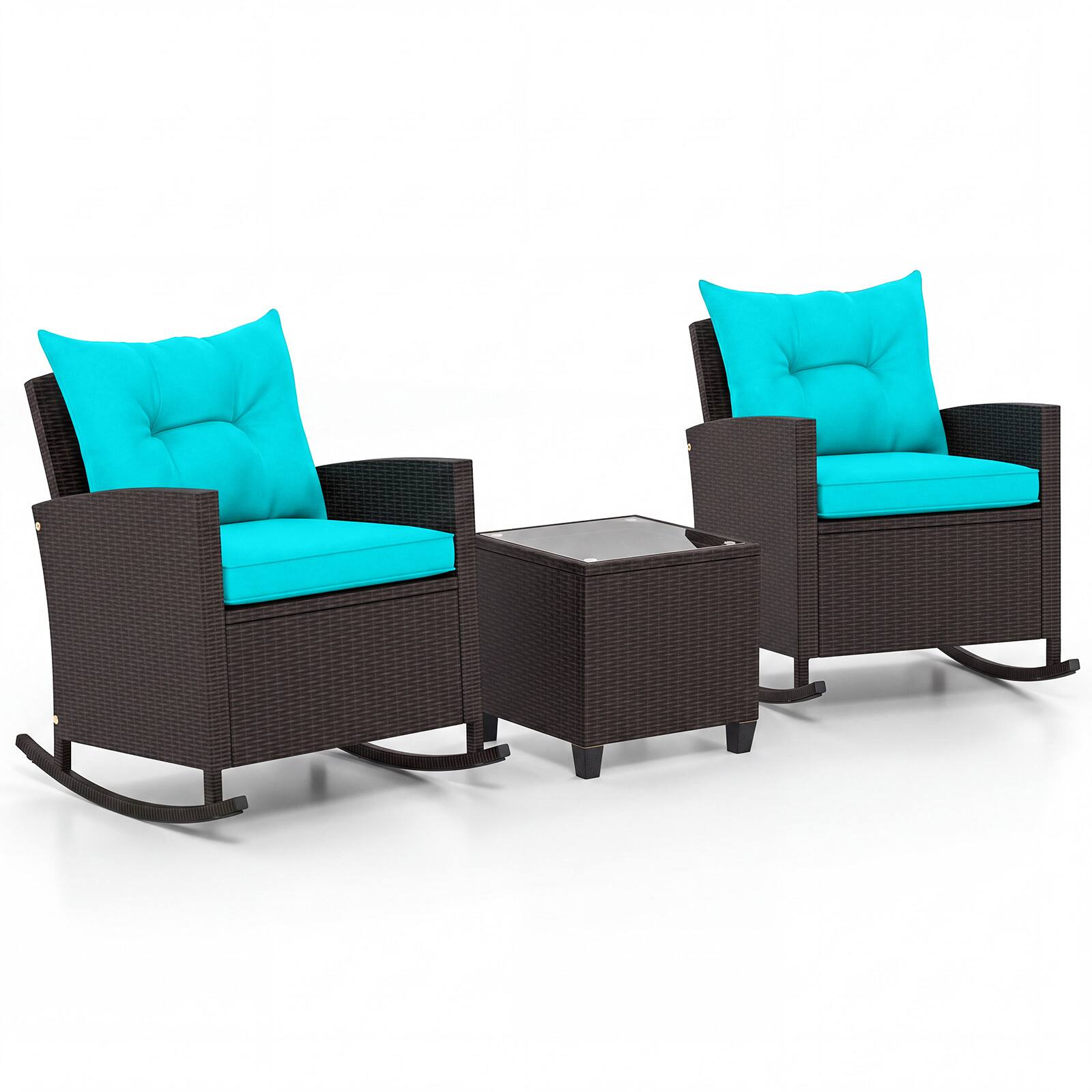 Alt View 9. Costway - Costway 3PCS Patio Wicker Rocking Set with Tempered Glass Table & Soft Cushions Outdoor - Mix Brown+Turquoise.