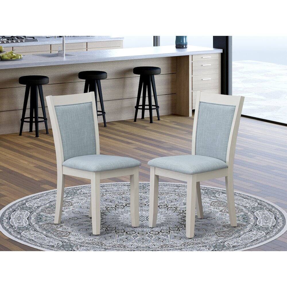 Angle. East West Furniture - V026MZ015-6 6-Pc Table Set Contains a Wood Table - 4 Baby Blue Parson Chairs and a Small Bench - Wire Brushed Linen - Multi-Color.