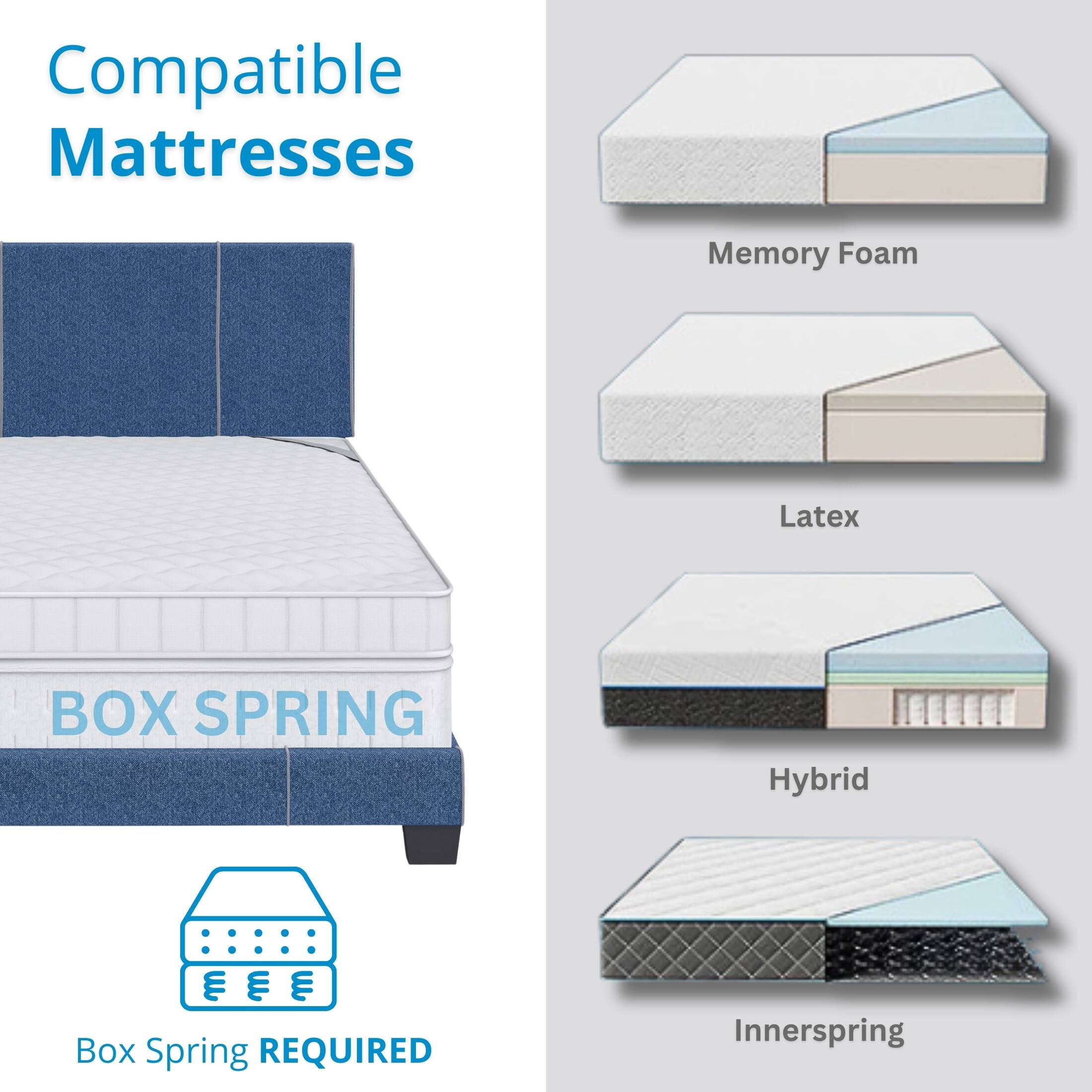 Compatible Mattresses

- Memory Foam
- Latex
- Hybrid
- Innerspring

Box Spring REQUIRED