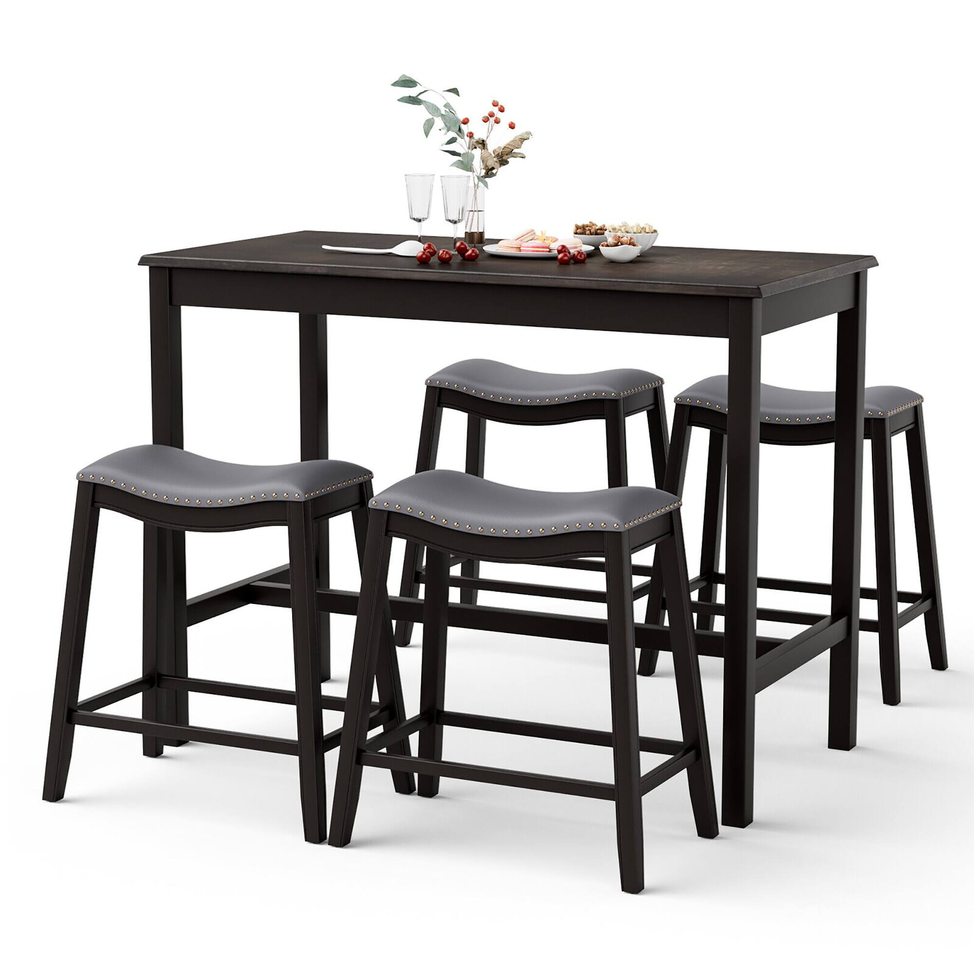 Alt View 9. Gymax - Gymax 5PCS Bar Table Set Counter Height Table & Upholstered Saddle Stools Set for 4 - Black,Grey.