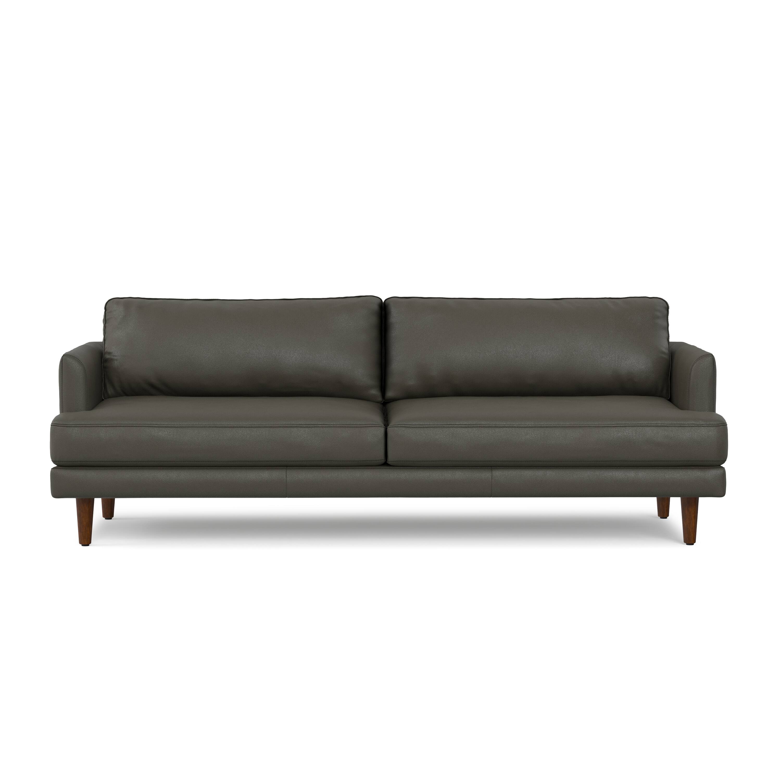 Front. Simpli Home - Livingston 90 inch Wide Mid-Century Modern Sofa in Coal Top Grain Genuine Leather - Coal.