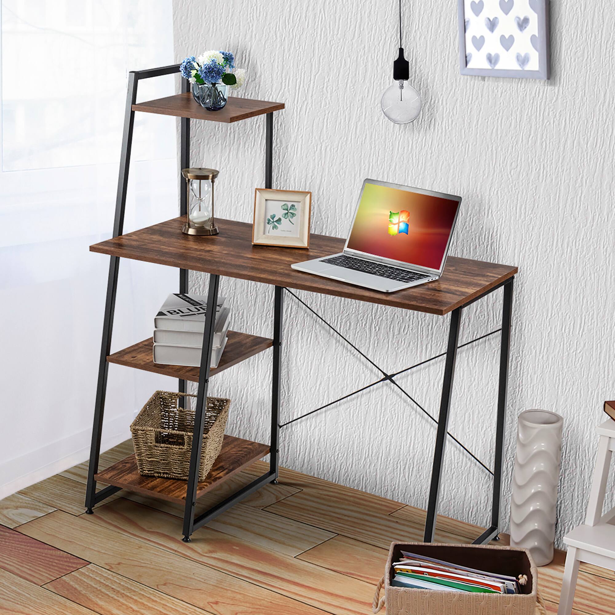 Alt View 1. Costway - Costway Modern Computer Desk with 3-tier Storage Shelf CPU Stand Metal Frame for Bedroom - Rustic Brown,Black.