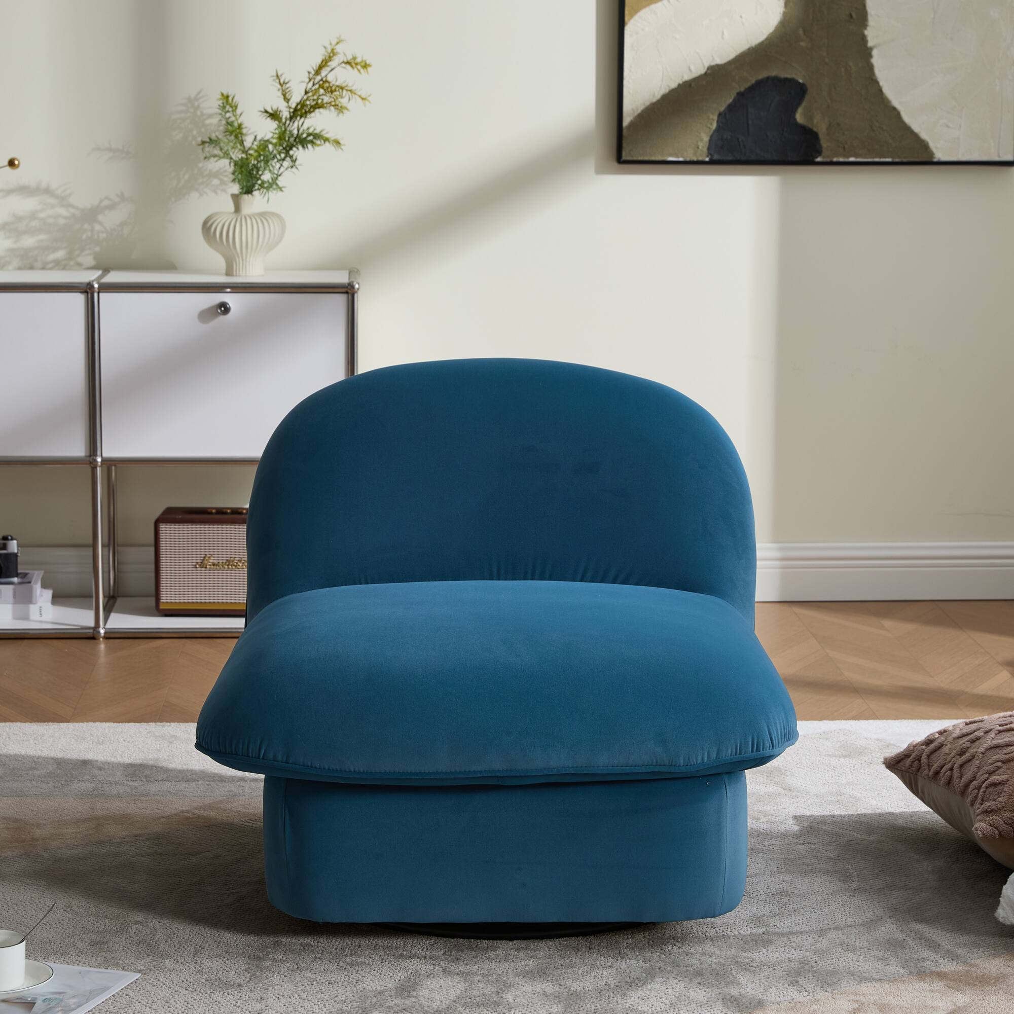 Angle. GOODSILO - Pumpkin-Shaped Velvet Swivel Accent Chair with 360-Degree Rotation for Living Room, Bedroom, or Office - Smoke Blue.