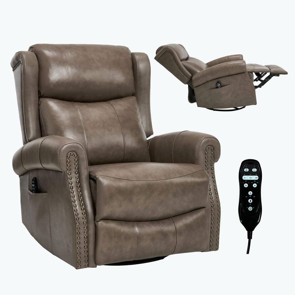 Kadyn - Manual Heat Massage Recliner Chair, 8 Vibration Modes, Rocker Swivel, Genuine Leather, Brown+ - Gray