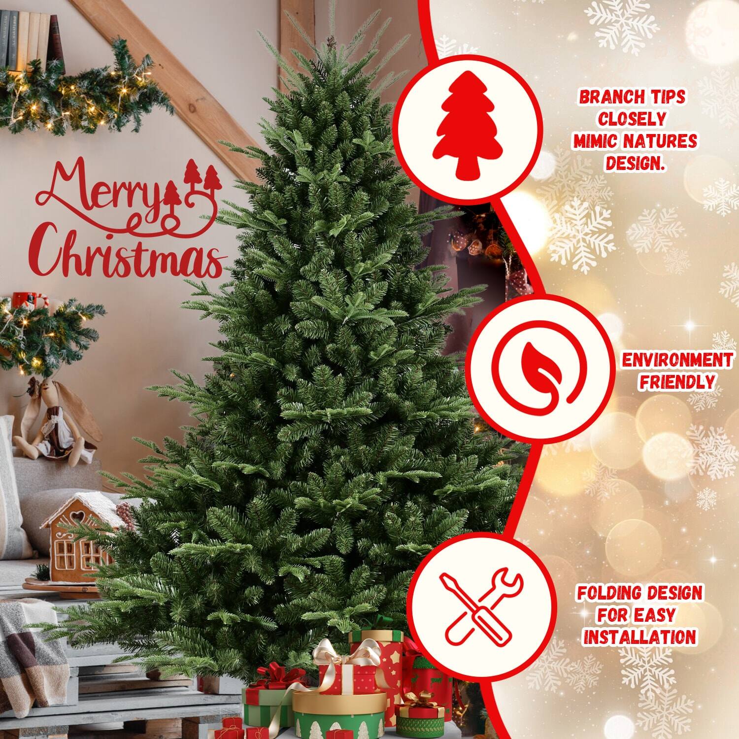 - Merry Christmas
- Branch tips closely mimic nature's design.
- Environment friendly
- Folding design for easy installation