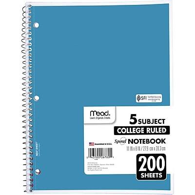 Mead - 5-Subject Notebook, 8.5" x 11", College Ruled, 200 Sheets - Assorted