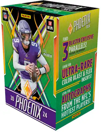 The text on the image is grouped and corrected as follows:
"4 n 6 P M AAI NF PANINI NELPA PHDEDK 2024 9 FIND BLASTER EXCLUSIVE 9 J.J. 3 PARALLELS! BOX, ON AVERAGE MCARTHY PER VOUCHER LOOK FOR ULTRA-RARE BLAST INSERTS! & FLEX COLOR 20 E AUTOGRAPHS LOOK FOR NFL'S THE PLAYERS! PHOENIX FROM 24 HOTTEST PANINI."