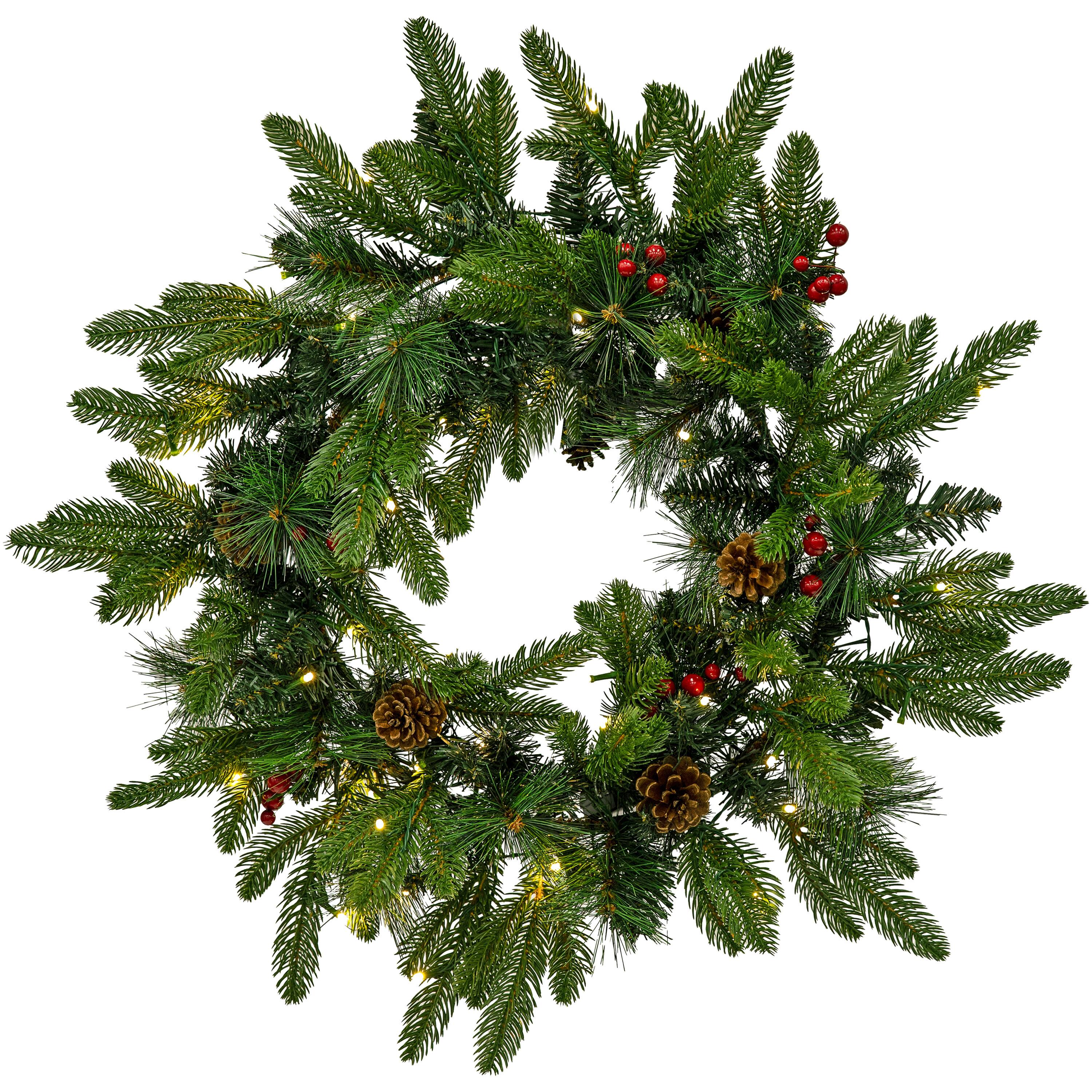 Front. Sunnydaze - 24" Diameter Prelit Christmas Wreath - Traditional - Green.