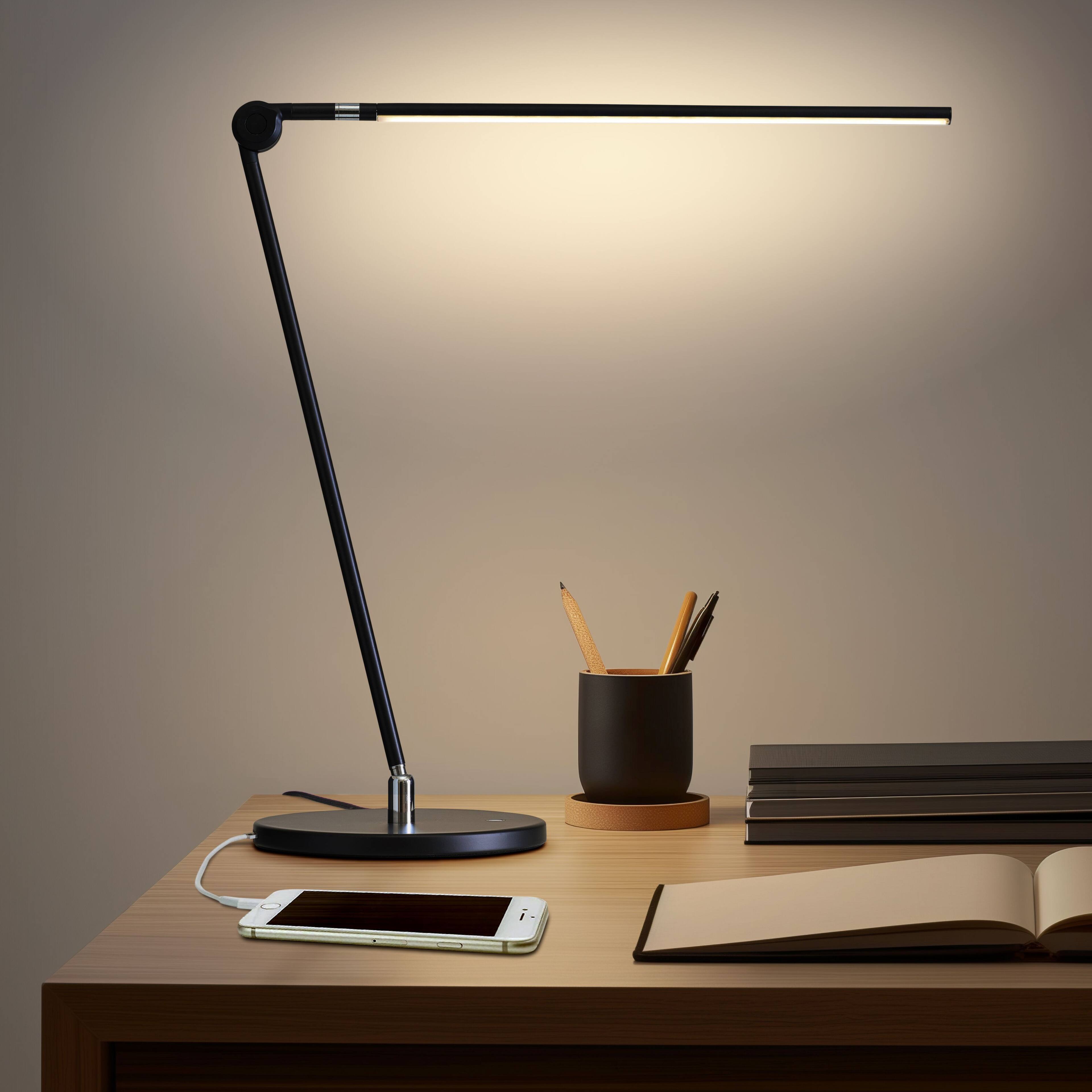Angle. Brightech - Libra LED Modern Industrial Arc Dimmable Bedside Nightstand Desk Lamp with Fast Charging USB-C Port - Classic Matte Black.