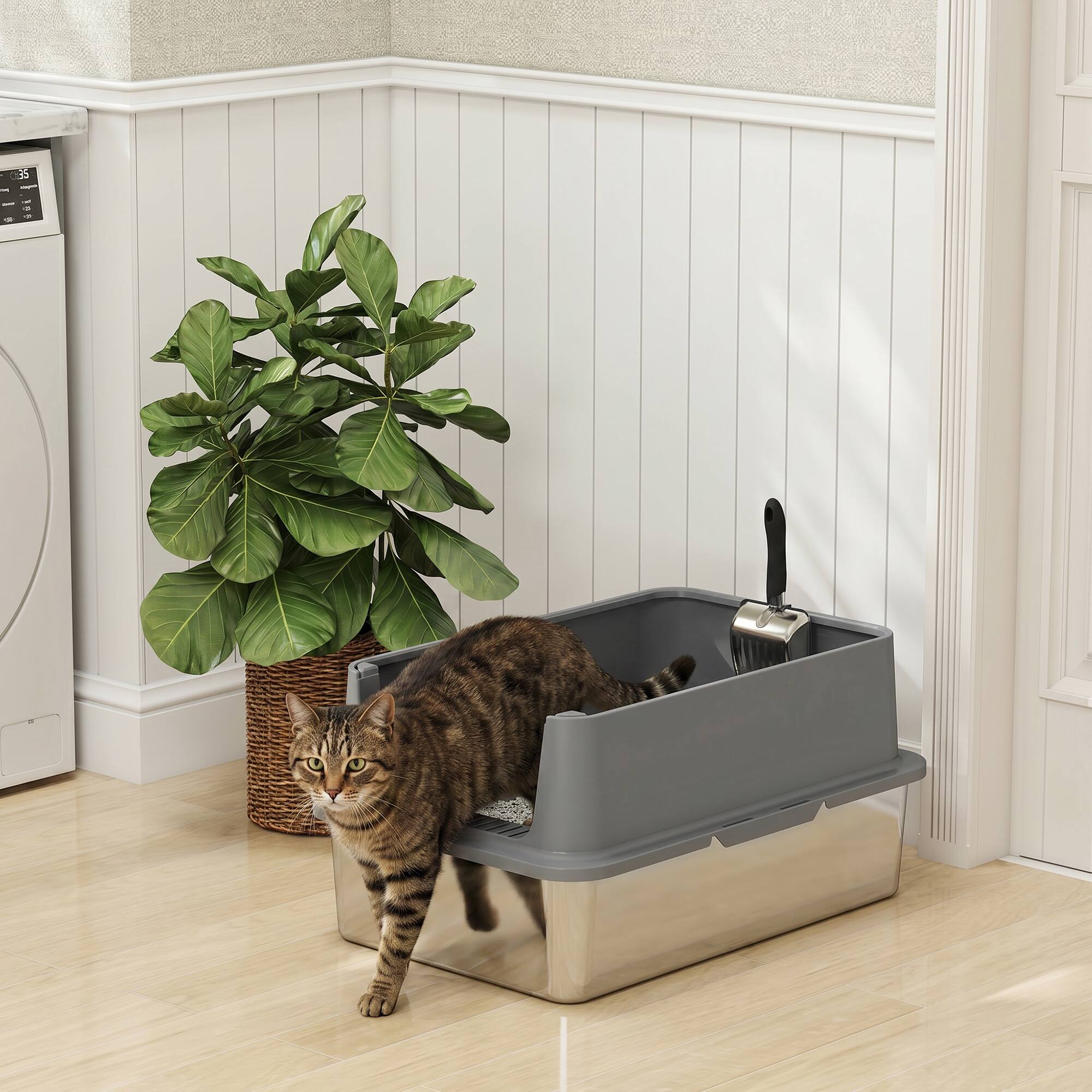 Alt View 7. Pawhut - Large Stainless Steel Cat Litter Box with Scoop & Pad, Anti-Urine Leakage - Dark Gray.