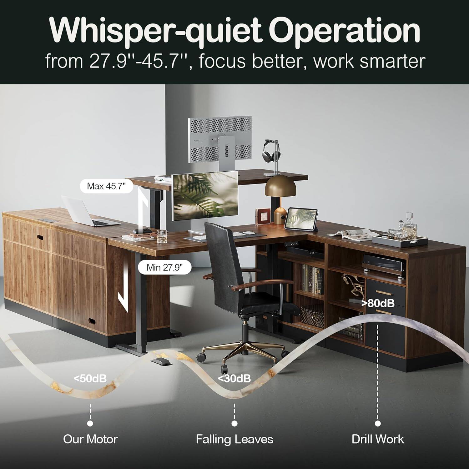 Whisper-quiet Operation from 27.9" - 45.7", focus better, work smarter

Max 45.7"
Min 27.9"

<50dB
<30dB
>80dB

Our Motor
Falling Leaves
Drill Work