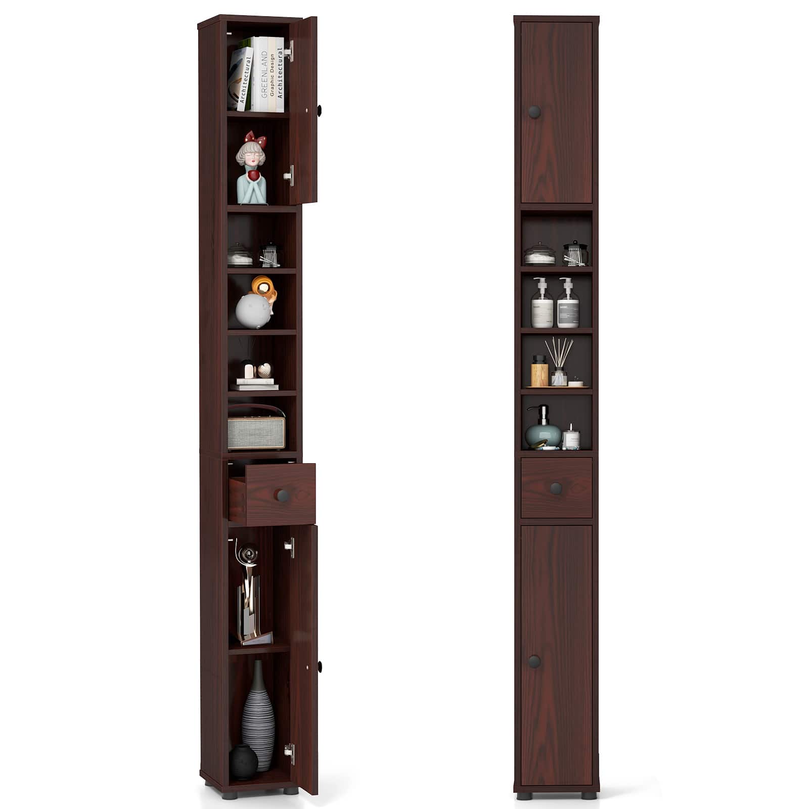 Costway - 71" Slim Bathroom Storage Cabinet with 2 Doors 5 Adjustable Shelves 1 Drawer - Brown