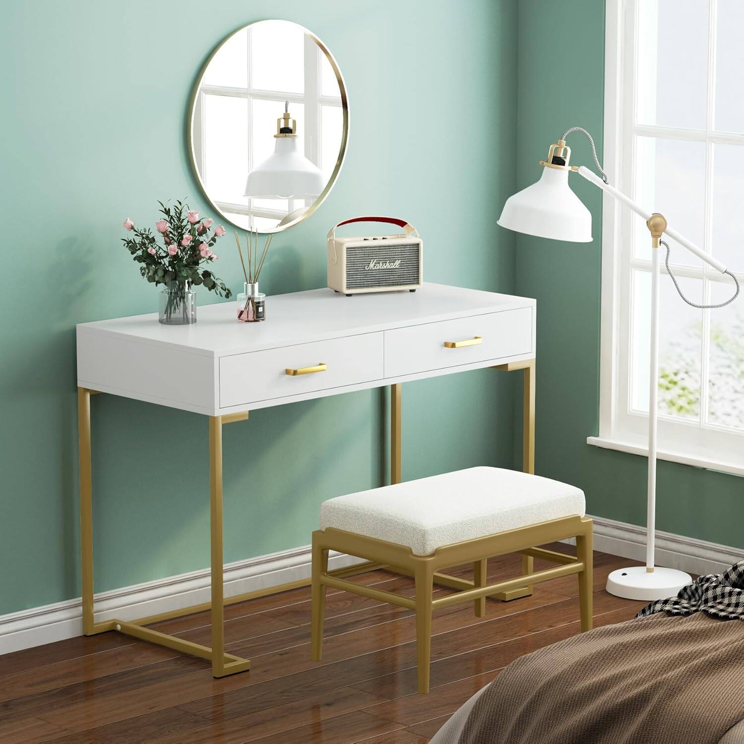 Alt View 1. APRILSOUL - 40in White and Gold Computer Desk with 2 Drawers Modern Office Desk Compact Writing Table Metal Frame Minimalist Style - White+Gold.