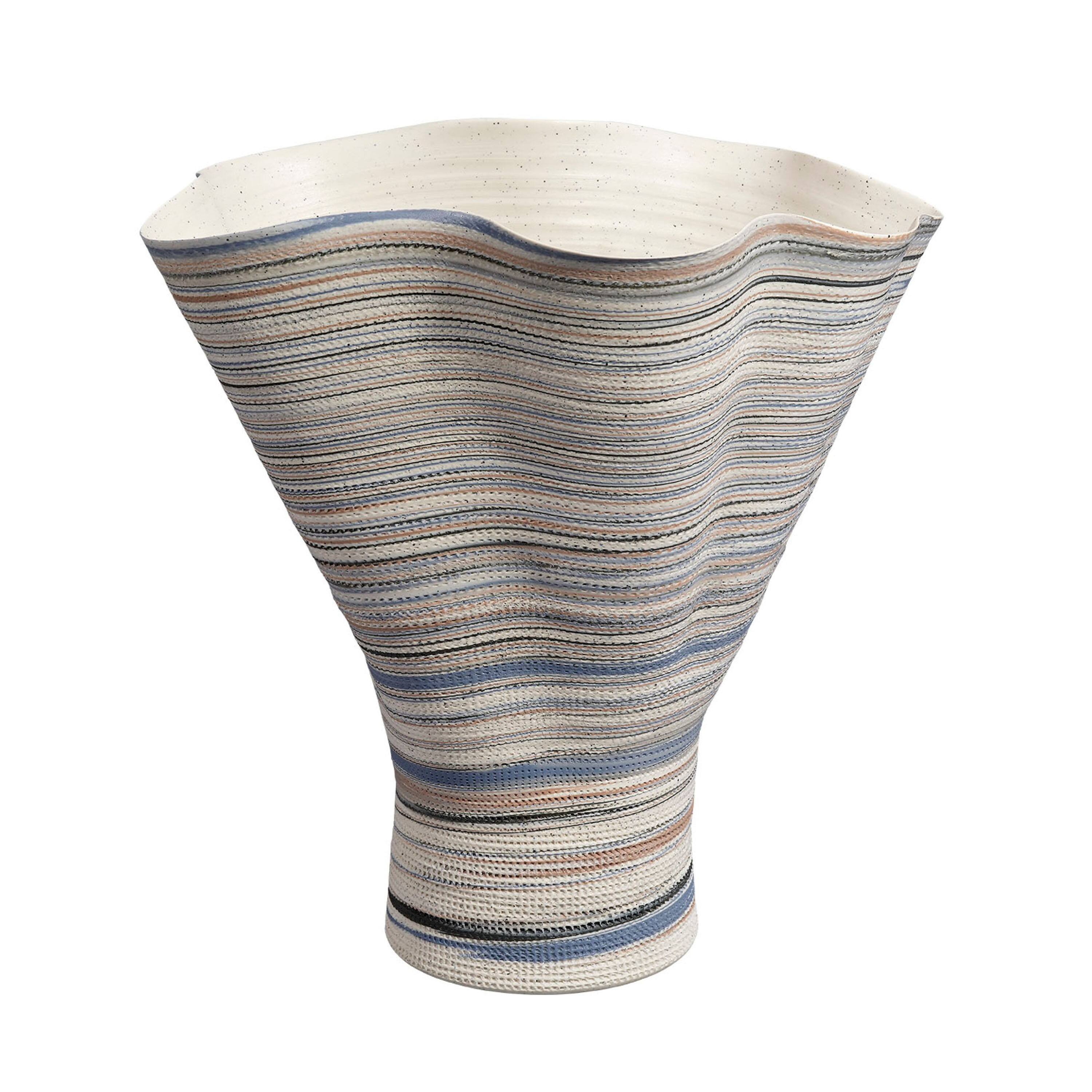 Angle. Manhattan Lane - Kerya Decorative Vase, 16 Inch   Striped, Wavy Rim Porcelain - Blue, White.