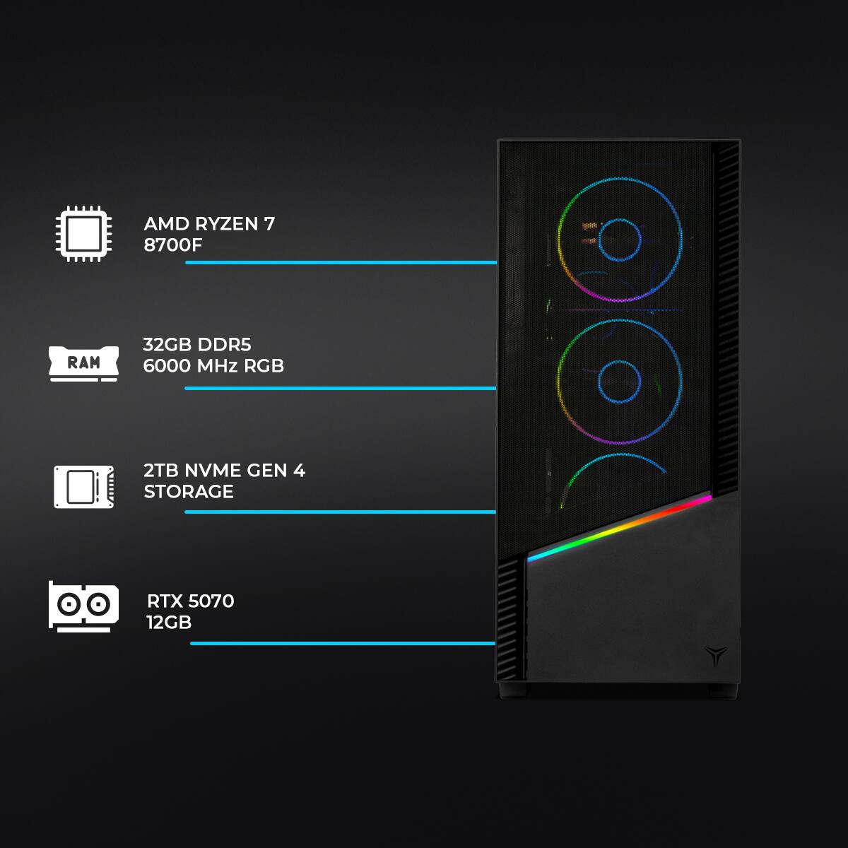 AMD RYZEN 7 8700F  
RAM 32GB DDR5 6000 MHz RGB  
2TB NVME GEN 4 STORAGE  
RTX 5070 12GB